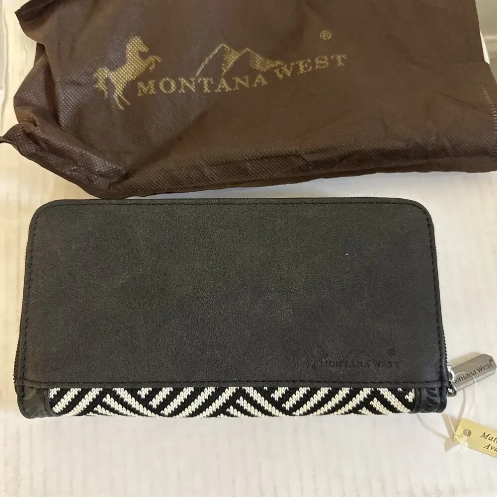Montana West Wallet Womens Aztec Tapestry Zip Around Black Tooled Trim NEW NWT